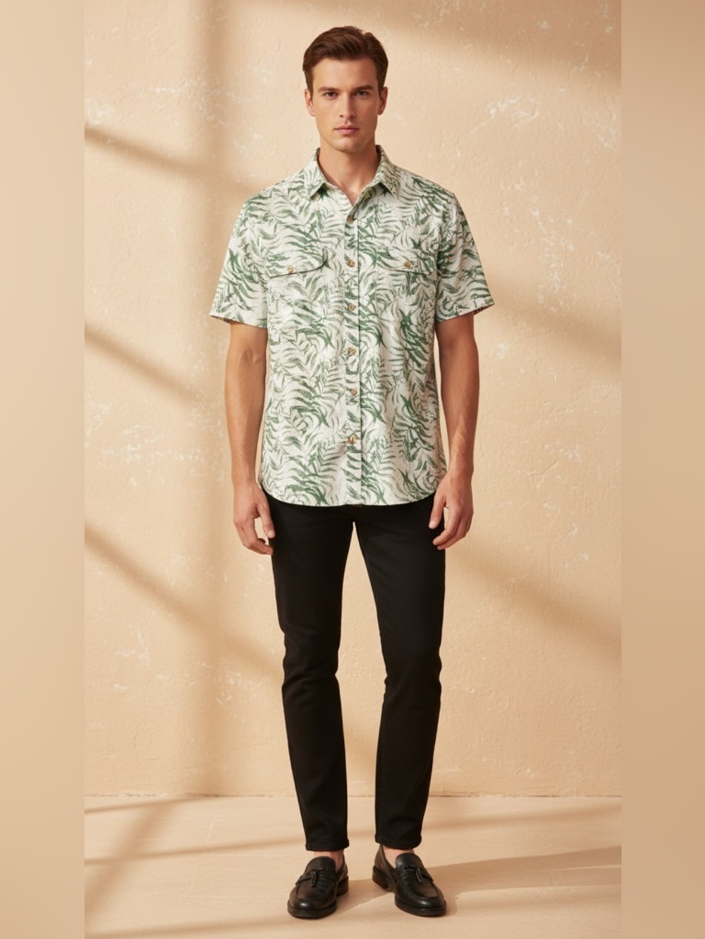 Lucky Brand Classic Fit Green and White Leaf Print Shirt